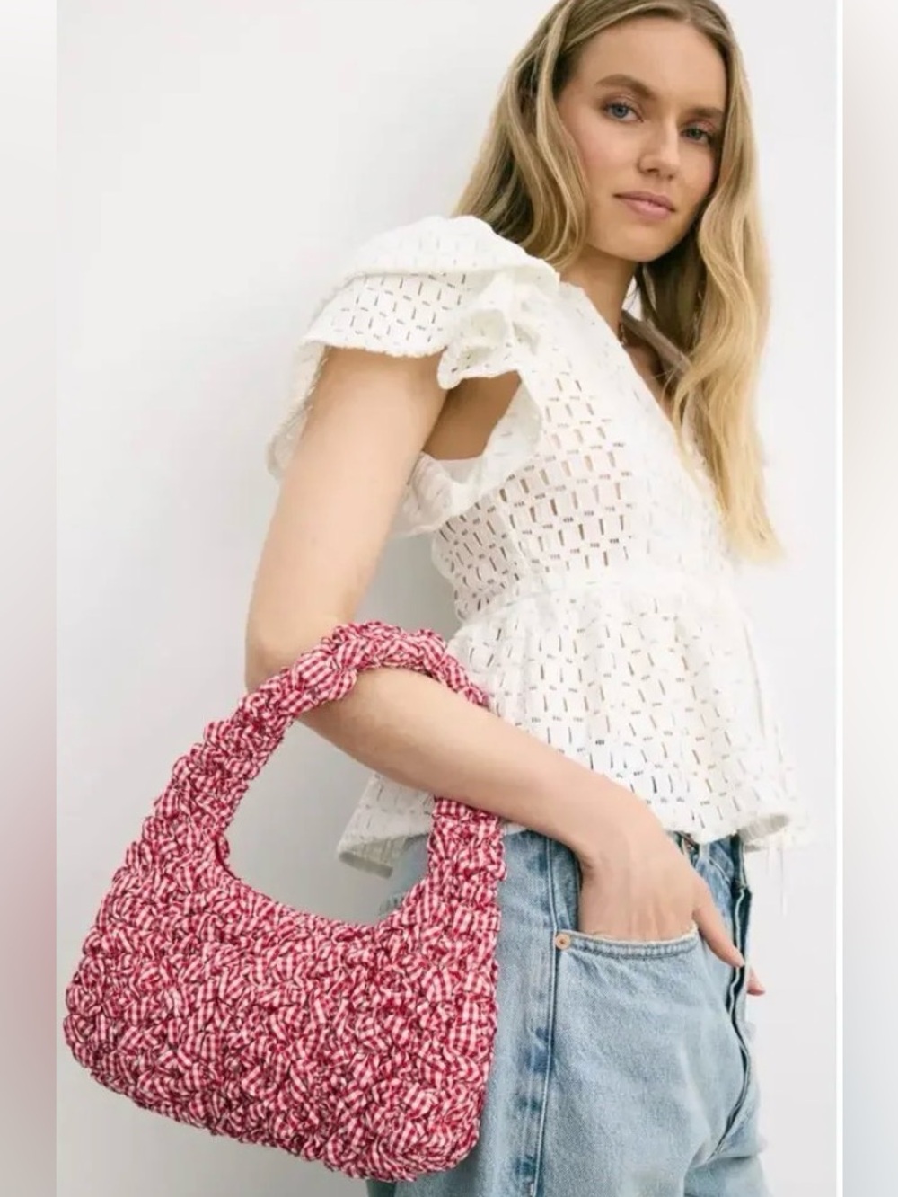 Loeffler Randall Red Smocked Mini Hobo Bag
Red and white check.